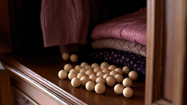 camphor. White camphor balls placed inside an antique wooden wardrobe with folded clothing. menu design, packaging mockups, designed for food delivery and cloud-kitchen brand materials.
