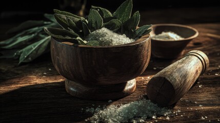 cinematic photo of a wooden mortar and pestle filled with fresh sage leaves and crushed sea salt, rustic laboratory setting, dramatic side lighting