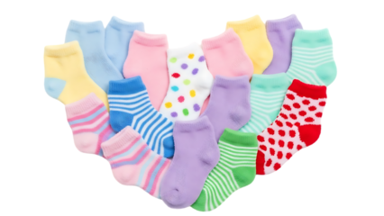 Collection of assorted colorful baby socks isolated on transparent background