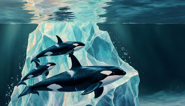 Family of killer whales swimming past a large underwater iceberg - Concept of Whale Day  