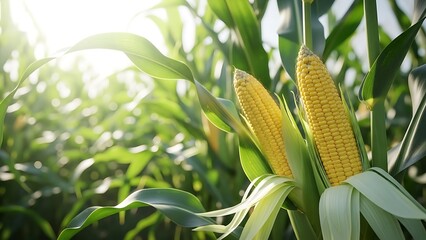 Ripe corn ears growing in the cornfield