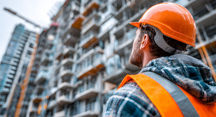 Construction worker on site looking at building structure. Man in reflective vest and hard hat surveying new home construction. Real estate and industrial safety concept.