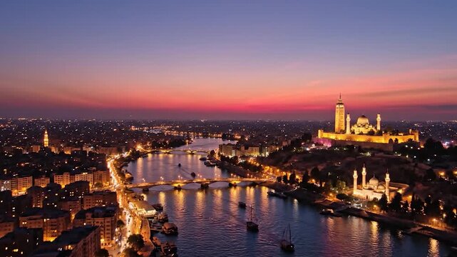 Aerial dusk view of a city with a river, bridges, boats, lit buildings, and monuments