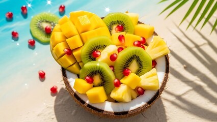 Fresh fruit platter on sandy beach.