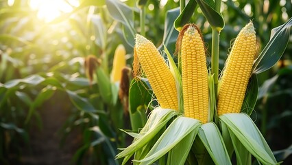 Ripe corn cobs hanging on the plant in the field