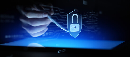 Digital Cybersecurity Shield With Lock Icon Displayed on Secure Interactive Screen.