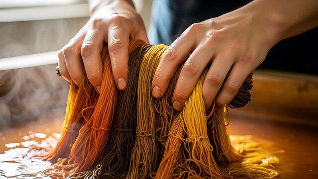 Hands dyeing wool with vibrant earth tones, a craftsperson's gentle touch