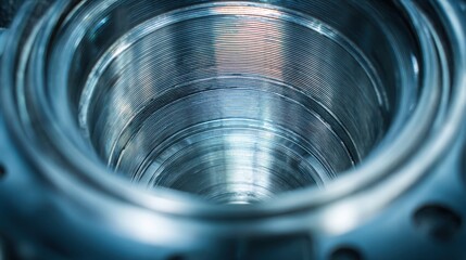 internal view of a clean engine cylinder with perfect honing marks on the walls, high tech industrial photography, metallic blue and silver tones