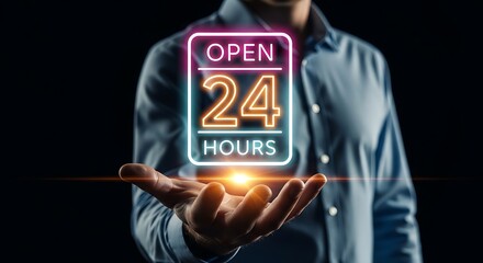 Man Holding a Glowing Neon Open 24 Hours Sign in His Hand.