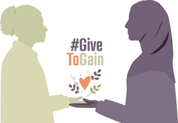 International Women's Day 2026 concept logo. #GiveToGain Women with palms together, extended forward in a gesture of offering.