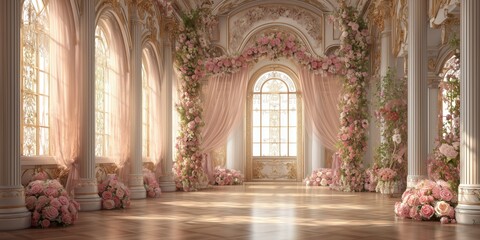 Luxury Palace Interior decorated with pink roses. Palace Interior. Wedding Interior background