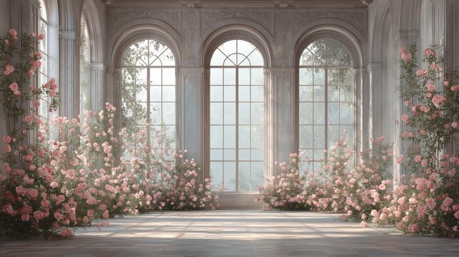 Luxury Palace hall Interior with big windows and walls decorated pink roses and flowers compositions. Classic castle interior. Wedding background