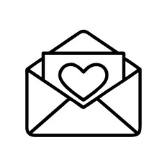 Envelope with heart line icon, black outline love message symbol isolated on transparent background