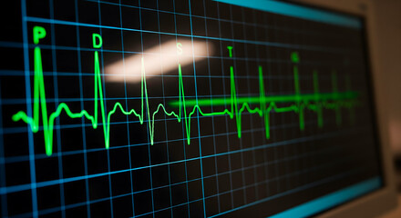 Close-up of an EKG monitor displaying a patient's vital signs in a hospital setting