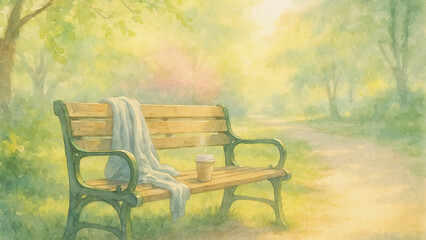 Watercolor illustration of a park bench with coffee and scarf in spring