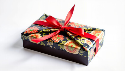 Furoshiki style gift wrapped in floral design with red ribbon  