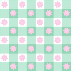 Pastel pink flowers on green gingham pattern. Cute aesthetic checkered floral background for scrapbooking, textile, and summer wallpaper.