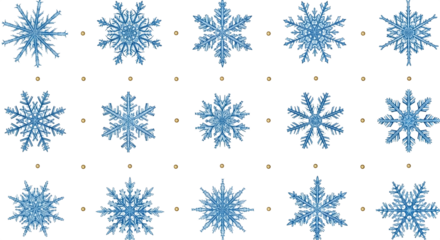 Collection of intricate blue snowflakes isolated on transparent background