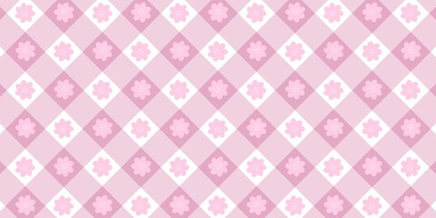 Cute pink gingham seamless pattern with hand-drawn flowers. Pastel checkered background for nursery, fabric, wallpaper, and feminine wrapping paper designs.