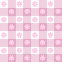 Seamless pastel pink floral gingham pattern with cute flower icons on soft checkered squares. Repeating background perfect for fabric, wallpaper, wrapping paper, nursery, and spring design.