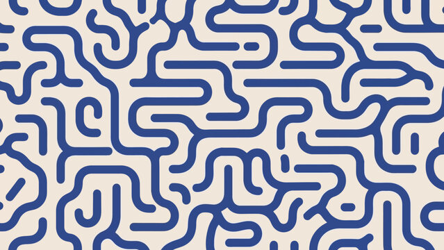 Abstract blue lines pattern on a beige background, resembling a maze or brain structure.