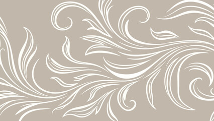 Elegant white swirling floral vine pattern on a beige background. © AgnaPutri