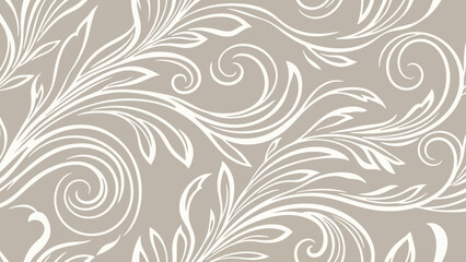 Elegant beige background with white floral swirls and flourishes. © AgnaPutri