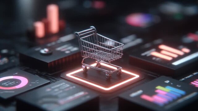 Miniature shopping cart on illuminated platform amidst data displays