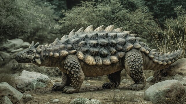 Armored Ankylosaurus Walking Through Rocky Terrain