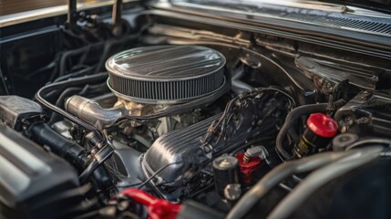 naturally aspirated engine installed in classic sedan engine bay, clean and well maintained, realistic automotive photography, soft natural lighting