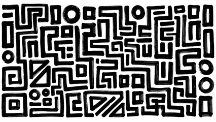 Abstract black and white artwork featuring a complex arrangement of geometric shapes and lines.