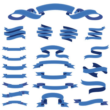 Collection of decorative blue ribbon banners in various styles and shapes with stitched edges, perfect for labels, headings, or promotions.