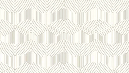 A seamless geometric pattern of interlocking hexagonal shapes in a light cream color. © AgnaPutri
