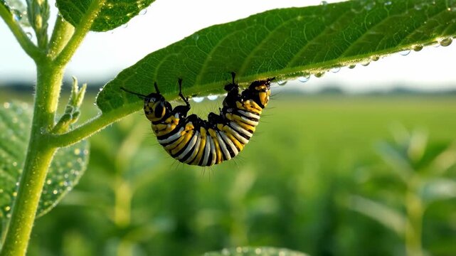 Monarch butterfly caterpillars clinging to a green leaf in a natural field environment.