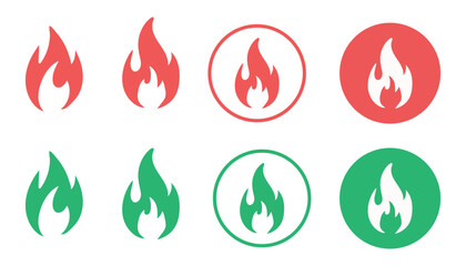 Fire Flame Icon Set Red and Green Heat Energy Warning Vector Illustration