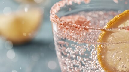photo of a glass of warm water with dissolved pink Himalayan salt and a lemon slice, focus on the bubbles and clarity, refreshing and therapeutic
