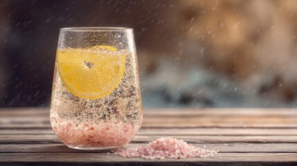 photo of a glass of warm water with dissolved pink Himalayan salt and a lemon slice, focus on the bubbles and clarity, refreshing and therapeutic