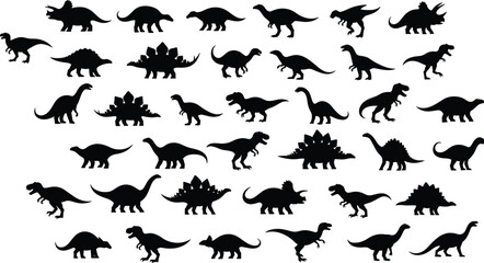 Dinosaur silhouettes, prehistoric animals, fossil shapes, ancient creatures, Jurassic icons, evolution illustration, reptile figures, extinct species, educational design, paleontology art