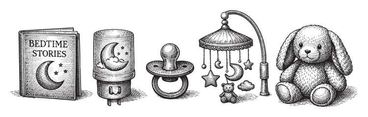 A charming, hand-drawn collection of vintage baby items including a book, night light, pacifier, mobile, and teddy bear, perfect for themes of childhood and sleep.