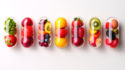 Fila de c&aacute;psulas transparentes rellenas de frutas y verduras frescas sobre fondo blanco. Concepto de vitaminas naturales, suplementos diet&eacute;ticos y alimentaci&oacute;n 