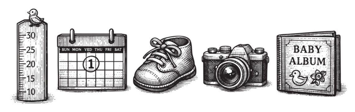 A charming sketch collection features baby's first shoe, calendar, thermometer, camera, and baby album, perfect for celebrating early milestones.