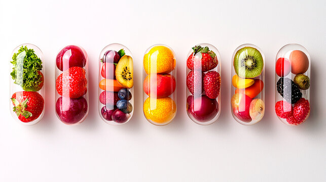 Fila de c&aacute;psulas transparentes rellenas de frutas y verduras frescas sobre fondo blanco. Concepto de vitaminas naturales, suplementos diet&eacute;ticos y alimentaci&oacute;n 