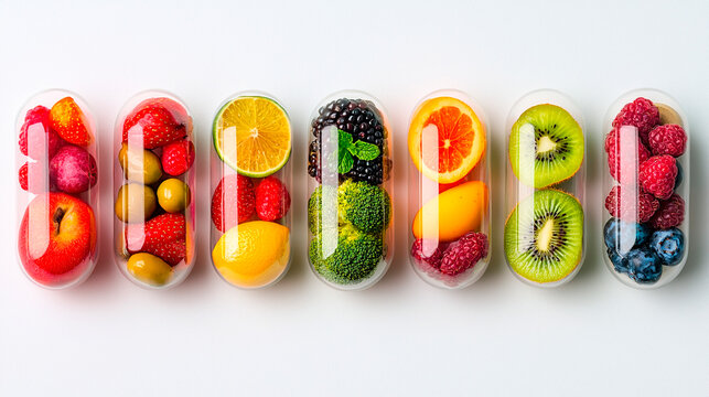 Fila de c&aacute;psulas transparentes rellenas de frutas y verduras frescas sobre fondo blanco. Concepto de vitaminas naturales, suplementos diet&eacute;ticos y alimentaci&oacute;n saludable.
