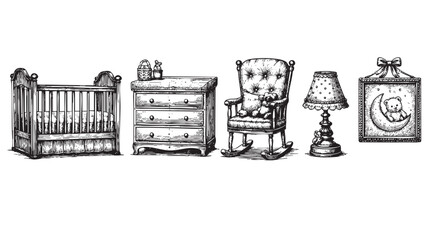 A charming black and white sketch of baby nursery furniture, including a crib, dresser, rocking chair with teddy bear, lamp, and wall art, evoking a vintage and whimsical feel.