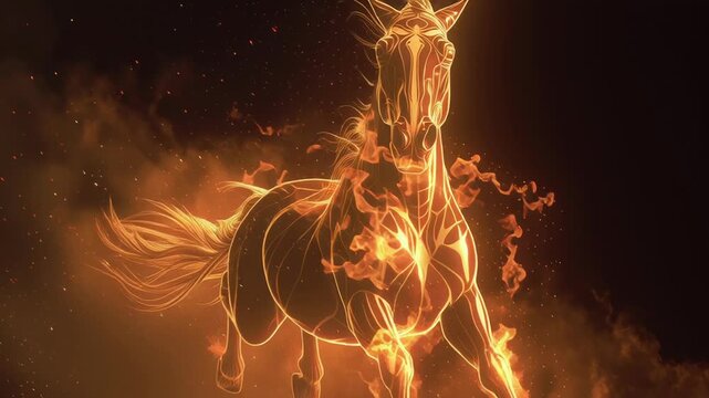 A horse with a fiery mane and a glowing face. a dark and mysterious mood. Mythical fire horse rising from warm glowing light, spiritual zodiac aesthetic