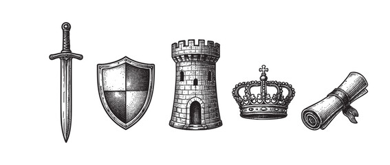 A collection of vintage black and white illustrations depicting medieval symbols including a sword, shield, castle tower, crown, and rolled scroll, set against a white background.