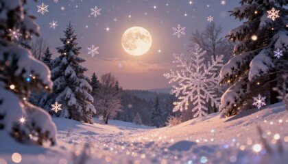 Full moon night over a snowy forest. Serene, mystical winter scene with soft moonlight, falling snow, and quiet, magical woodland atmosphere.