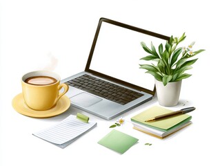 Fototapeta premium A cozy workspace featuring a laptop, a steaming cup of coffee, notepads, sticky notes, and a potted plant, ideal for productivity and creative inspiration.