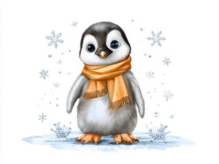 Fototapeta premium An adorable penguin wearing an orange scarf stands on snowy ground, surrounded by snowflakes, evoking a cute winter atmosphere.