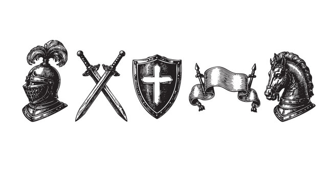 A vintage woodcut style illustration features knightly elements including a helmet, crossed swords, shield with a cross, a banner, and a horse head, perfect for historical or fantasy themes. - Powered by Adobe
